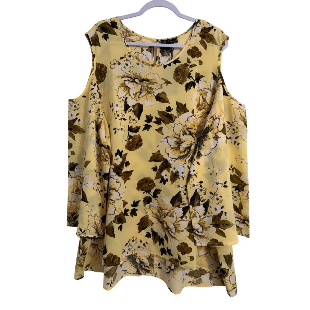 DG2 NWT Yellow Floral Cold Shoulder Crinkle Tunic Women's 3X Cottagecore Boho